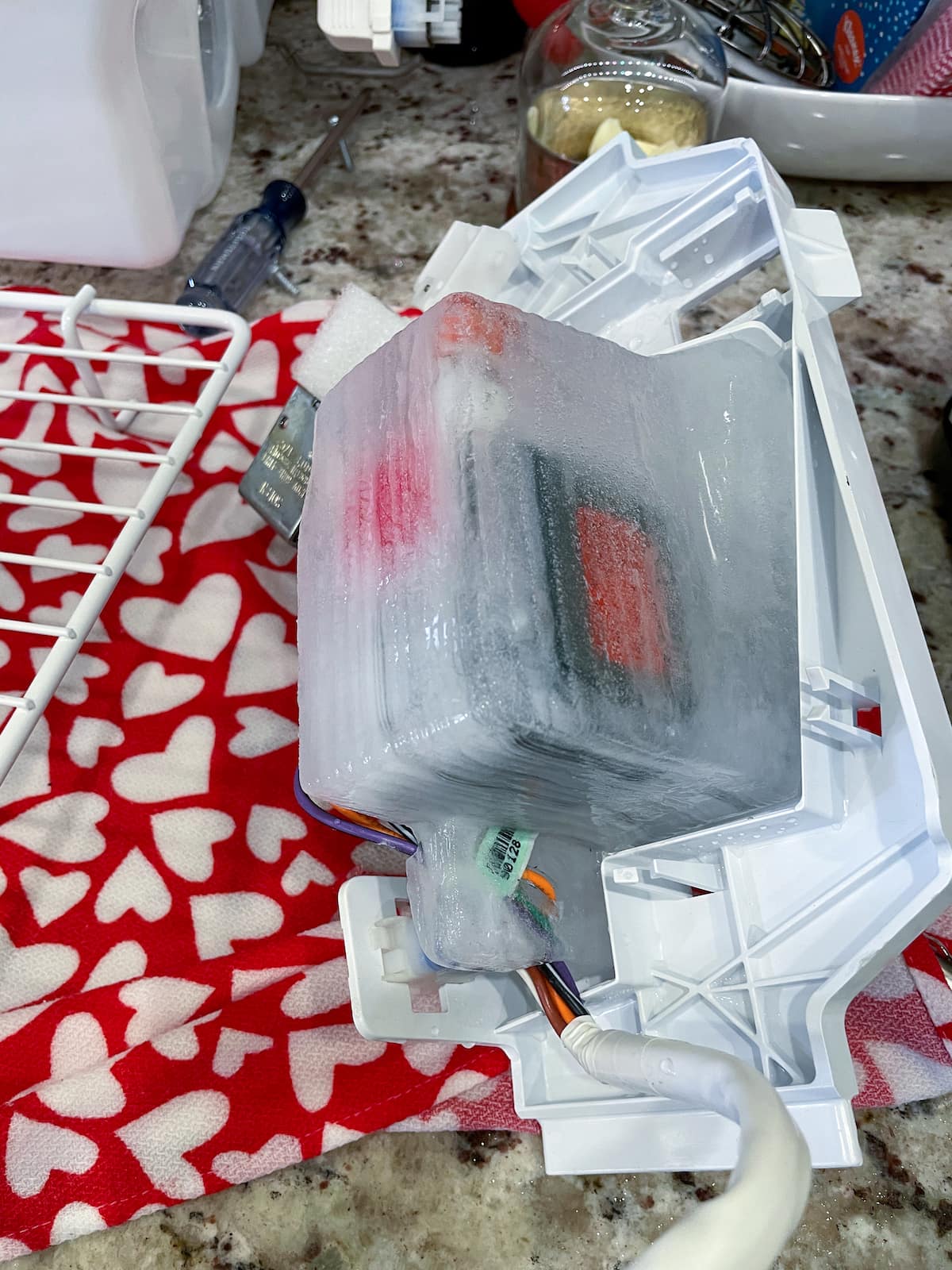 Freezer motor covered with a block of ice